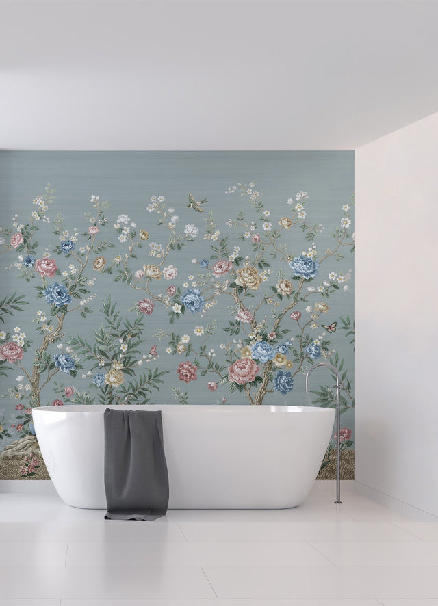 Winter Chinoiserie Robin's Egg Blue Wall Mural with Nature Chinoiserie Pattern, Farmhouse Style - A-Street Prints ASTM5057