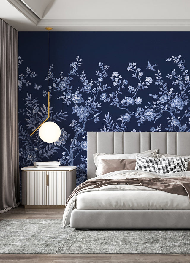 Twilight Chinoiserie Midnight Blue Wall Mural with Chinoiserie Nature Motif - A-Street Prints ASTM5058