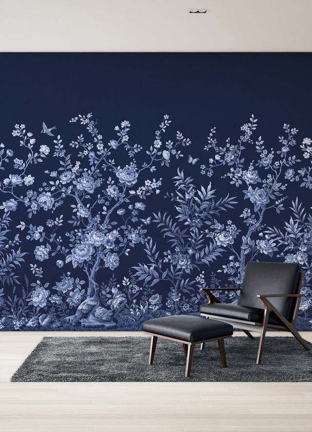 Twilight Chinoiserie Midnight Blue Wall Mural with Chinoiserie Nature Motif - A-Street Prints ASTM5058