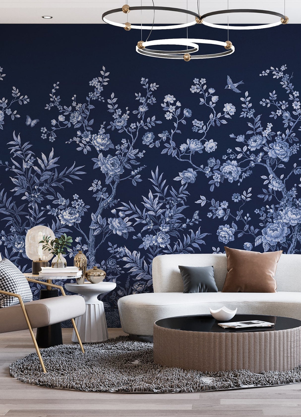 Twilight Chinoiserie Midnight Blue Wall Mural with Chinoiserie Nature Motif - A-Street Prints ASTM5058