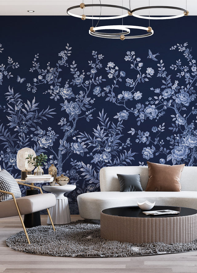 Twilight Chinoiserie Midnight Blue Wall Mural with Chinoiserie Nature Motif - A-Street Prints ASTM5058