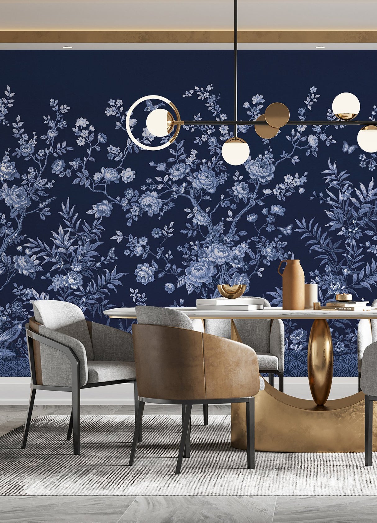 Twilight Chinoiserie Midnight Blue Wall Mural with Chinoiserie Nature Motif - A-Street Prints ASTM5058
