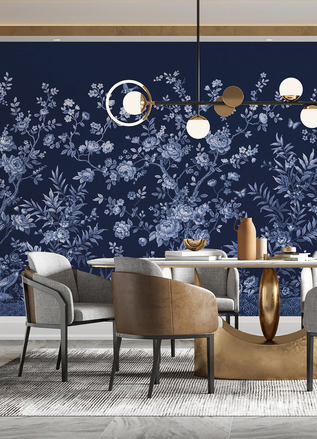 Twilight Chinoiserie Midnight Blue Wall Mural with Chinoiserie Nature Motif - A-Street Prints ASTM5058