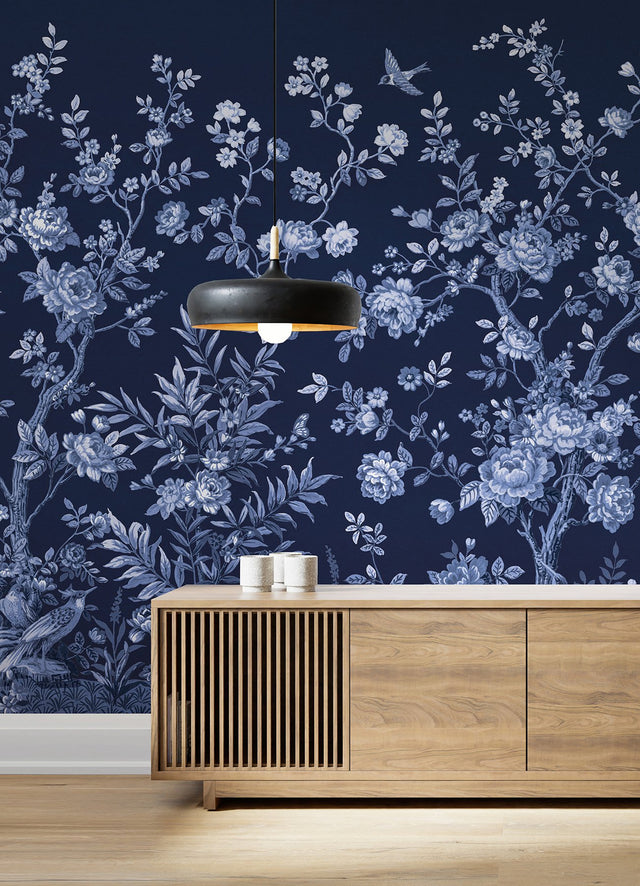 Twilight Chinoiserie Midnight Blue Wall Mural with Chinoiserie Nature Motif - A-Street Prints ASTM5058