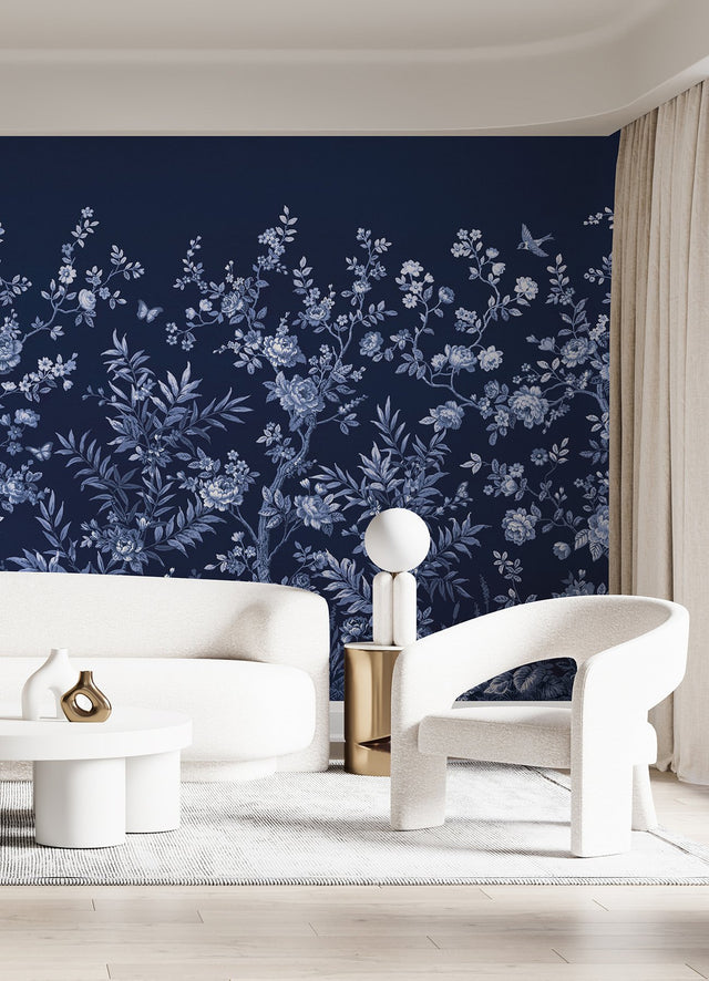 Twilight Chinoiserie Midnight Blue Wall Mural with Chinoiserie Nature Motif - A-Street Prints ASTM5058
