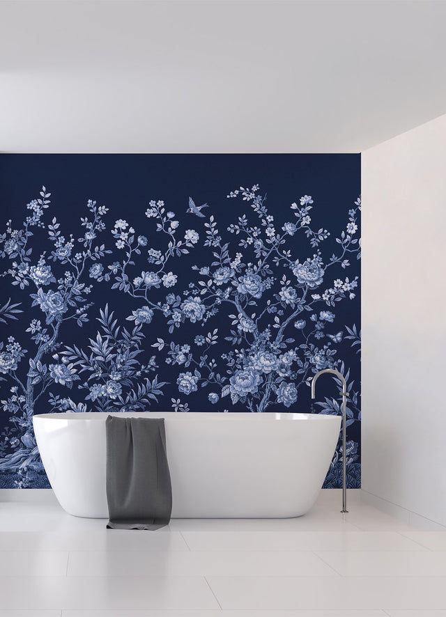 Twilight Chinoiserie Midnight Blue Wall Mural with Chinoiserie Nature Motif - A-Street Prints ASTM5058