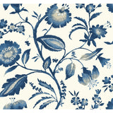 Watercolor Jacobean Blue & White Prepasted Wallpaper with Large-Scale Floral Vine Pattern - York AT7021