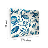Watercolor Jacobean Blue & White Prepasted Wallpaper with Large-Scale Floral Vine Pattern - York AT7021