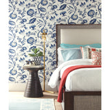 Watercolor Jacobean Blue & White Prepasted Wallpaper with Large-Scale Floral Vine Pattern - York AT7021