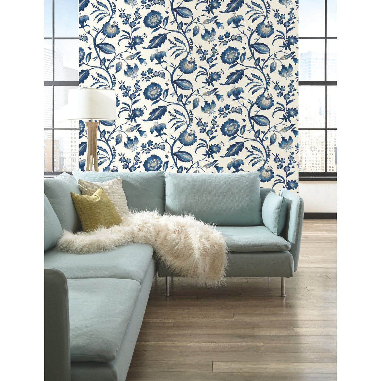 Watercolor Jacobean Blue & White Prepasted Wallpaper with Large-Scale Floral Vine Pattern - York AT7021
