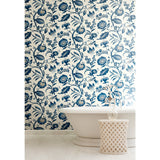 Watercolor Jacobean Blue & White Prepasted Wallpaper with Large-Scale Floral Vine Pattern - York AT7021