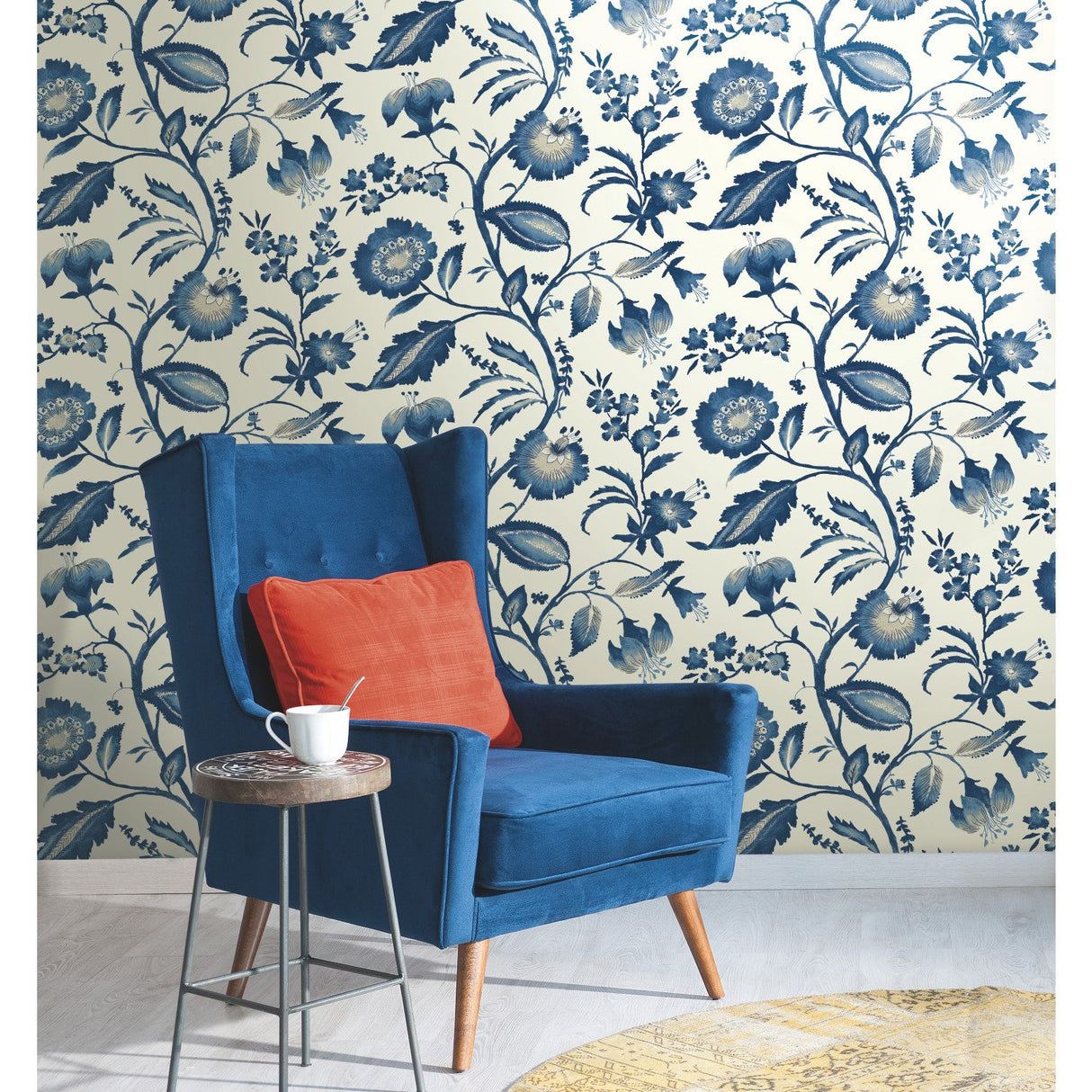 Watercolor Jacobean Blue & White Prepasted Wallpaper with Large-Scale Floral Vine Pattern - York AT7021