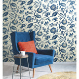 Watercolor Jacobean Blue & White Prepasted Wallpaper with Large-Scale Floral Vine Pattern - York AT7021