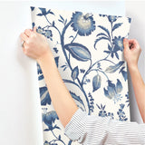 Watercolor Jacobean Blue & White Prepasted Wallpaper with Large-Scale Floral Vine Pattern - York AT7021