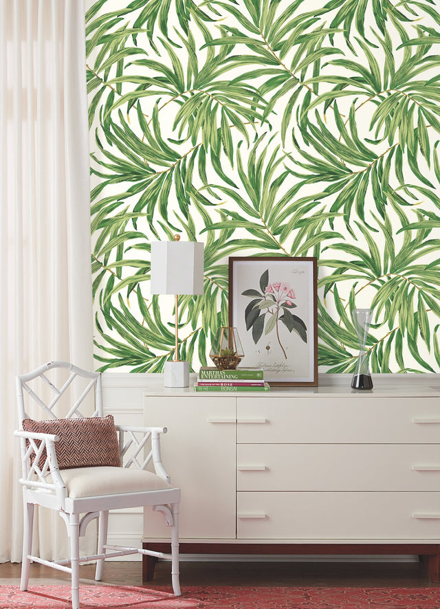 Bali Leaves Yellow & Tan Wallpaper with Tropical Botanical Leaf Pattern - York AT7050