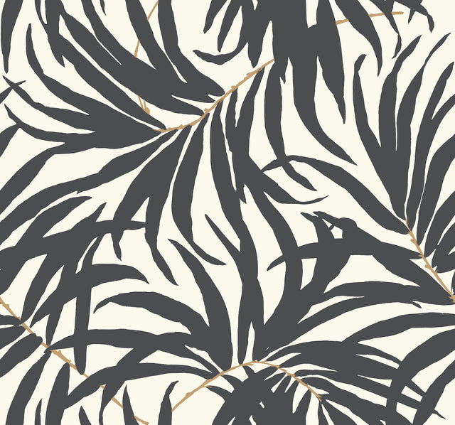 Bali Leaves Off White & Dark Grey Wallpaper with Botanical Palm Leaf Pattern - York AT7056