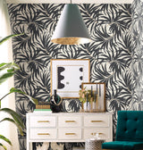 Bali Leaves Off White & Dark Grey Wallpaper with Botanical Palm Leaf Pattern - York AT7056