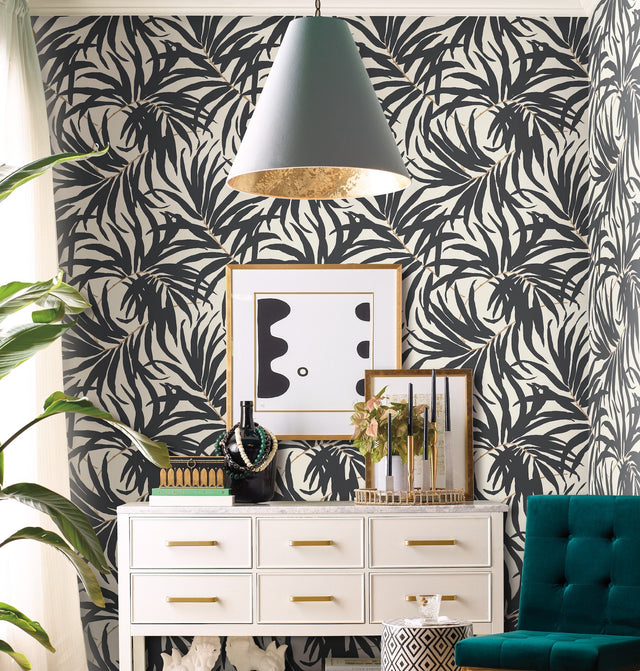 Bali Leaves Off White & Dark Grey Wallpaper with Botanical Palm Leaf Pattern - York AT7056