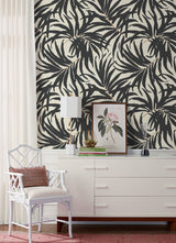 Bali Leaves Off White & Dark Grey Wallpaper with Botanical Palm Leaf Pattern - York AT7056