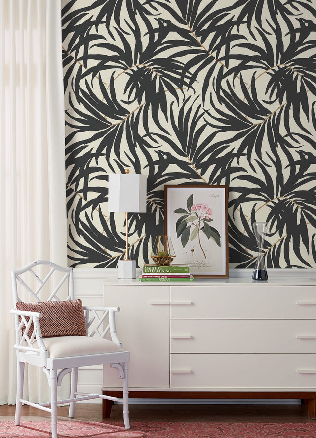 Bali Leaves Off White & Dark Grey Wallpaper with Botanical Palm Leaf Pattern - York AT7056