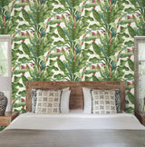 Banana Leaf Aqua & Red Wallpaper with Tropical Banana Palm Motif - York AT7068