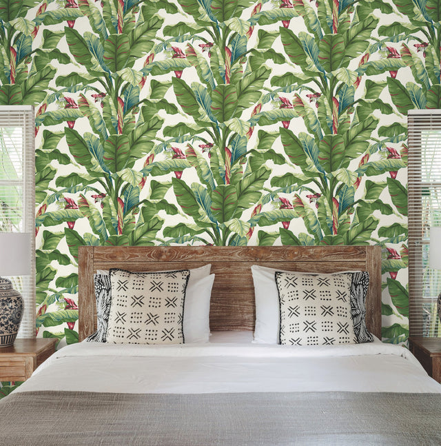 Banana Leaf Aqua & Red Wallpaper with Tropical Banana Palm Motif - York AT7068