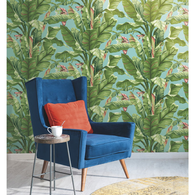 Banana Leaf Aqua & White Wallpaper with Tropical Banana Leaf Motif - York AT7070