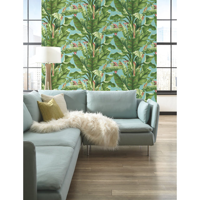 Banana Leaf Aqua & White Wallpaper with Tropical Banana Leaf Motif - York AT7070