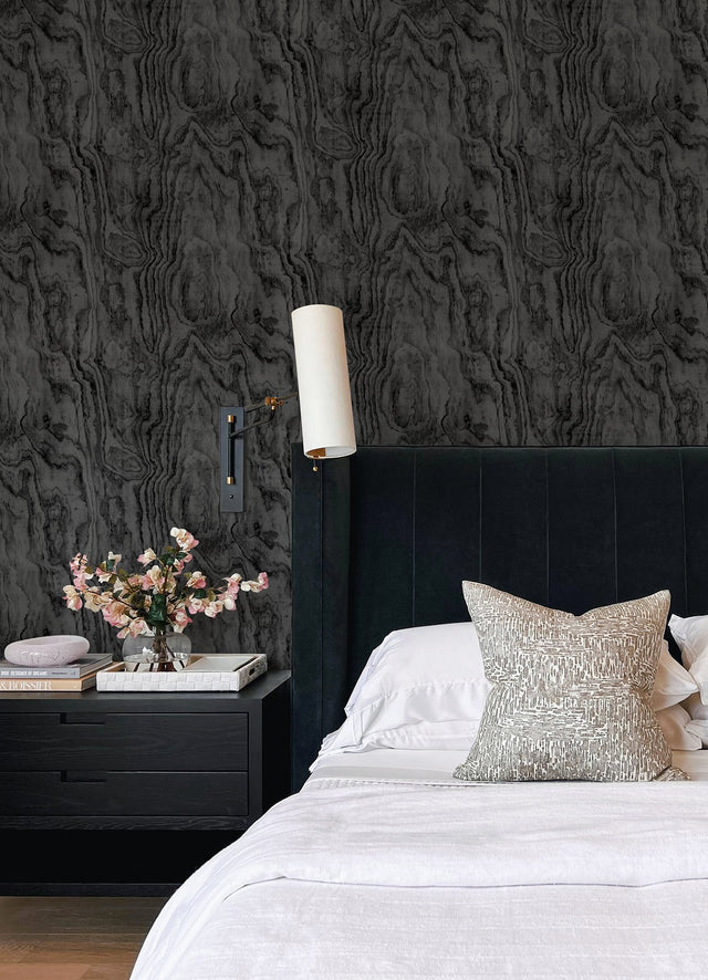 Sloane Wood Black Peel & Stick Wallpaper with Dramatic Black Woodgrain - NuWallpaper ATS4743
