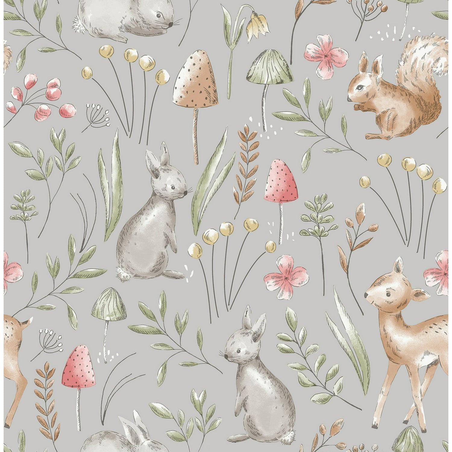 Advantage Forest Animals Grey Whimsical Wallpaper roll with woodland animals and botanicals