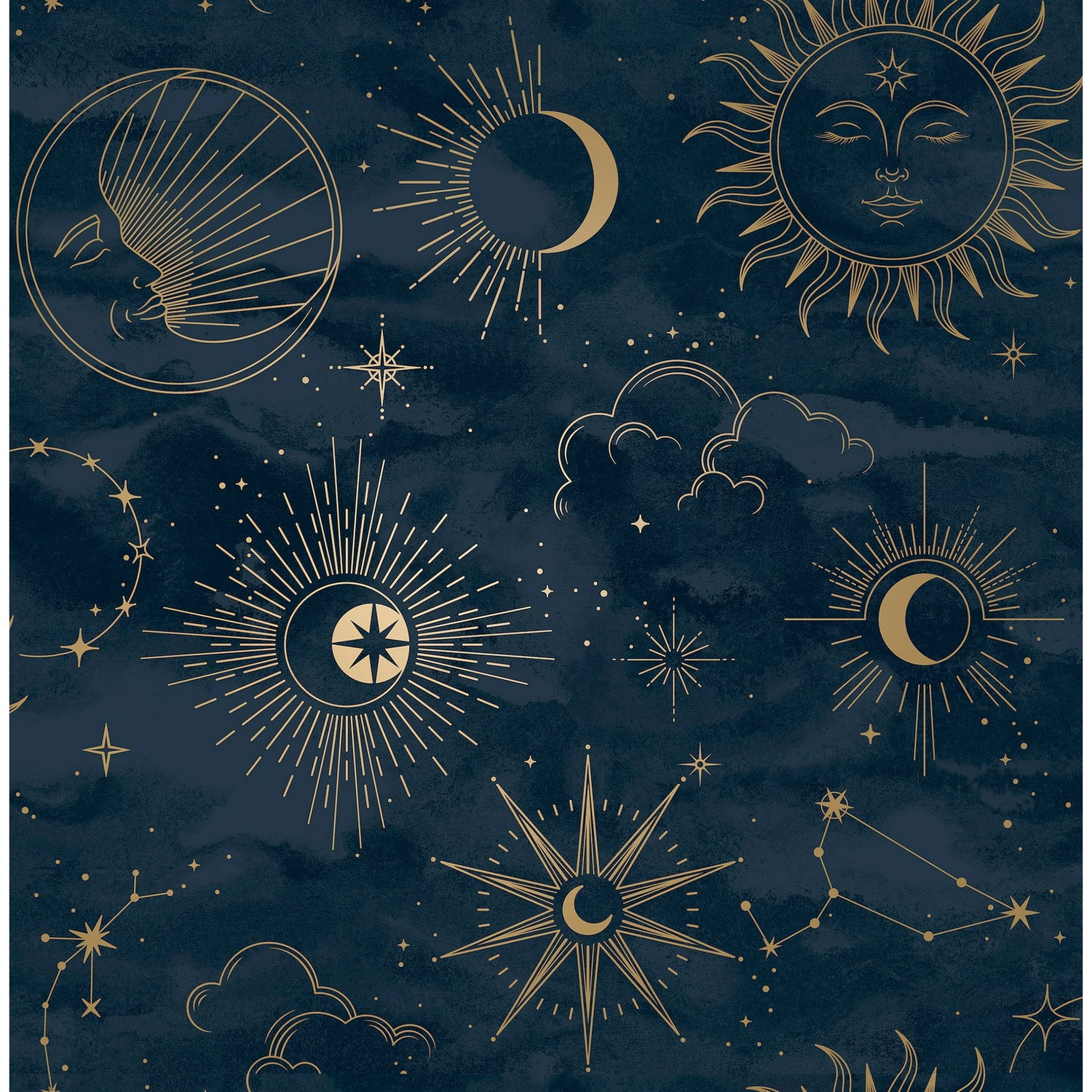 Advantage Mystic Navy Celestial Wallpaper roll showing gold celestial motifs on navy background