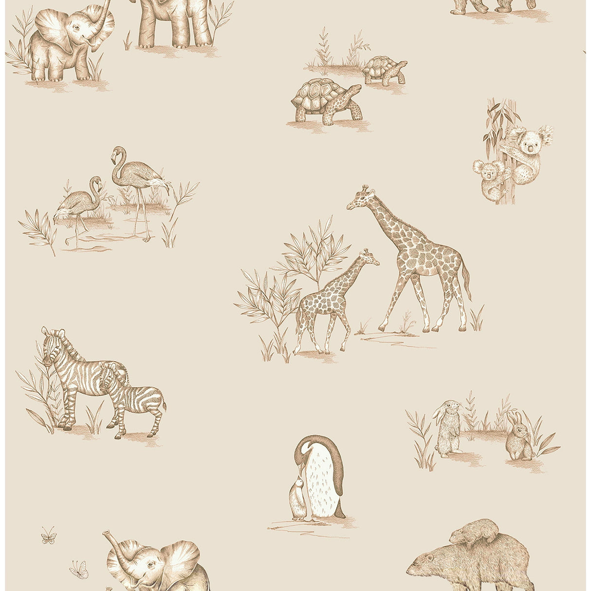Advantage Safari Babies beige animal wallpaper roll with parent-and-baby safari animals, 20.5 in x 33 ft