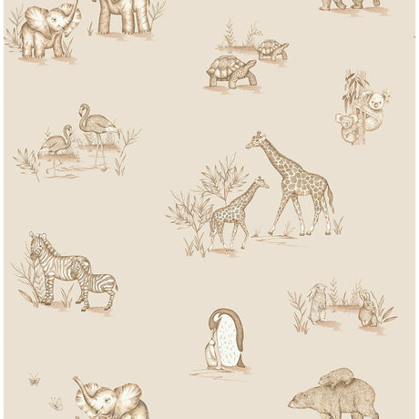 Advantage Safari Babies beige animal wallpaper roll with parent-and-baby safari animals, 20.5 in x 33 ft
