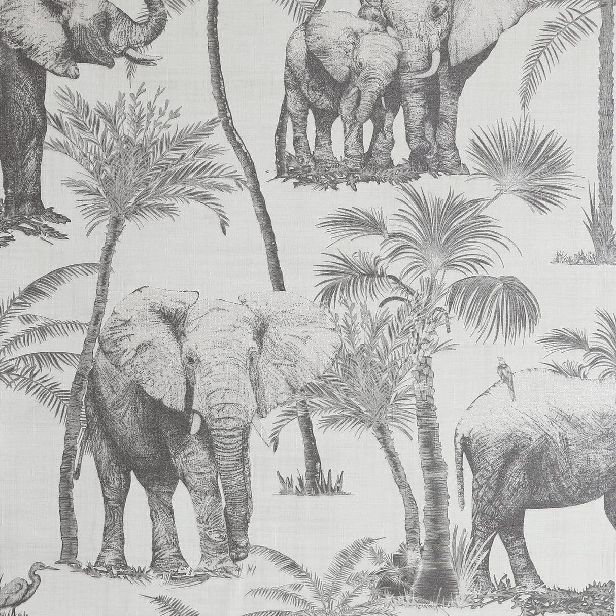 Adelia Neutral Elephant Grove Wallpaper roll showing charcoal elephants and palms on pale grey ground