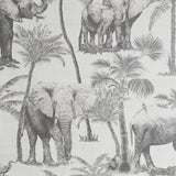 Adelia Neutral Elephant Grove Wallpaper roll showing charcoal elephants and palms on pale grey ground