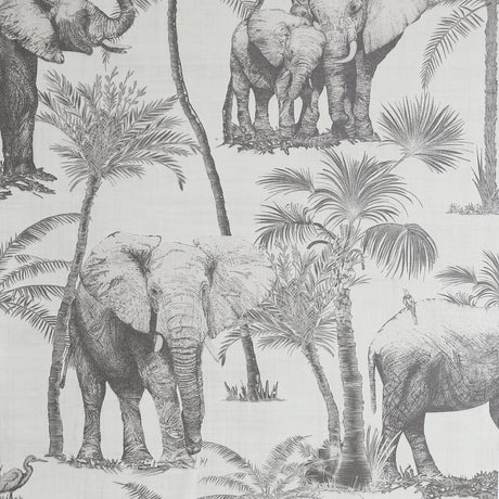 Adelia Neutral Elephant Grove Wallpaper roll showing charcoal elephants and palms on pale grey ground