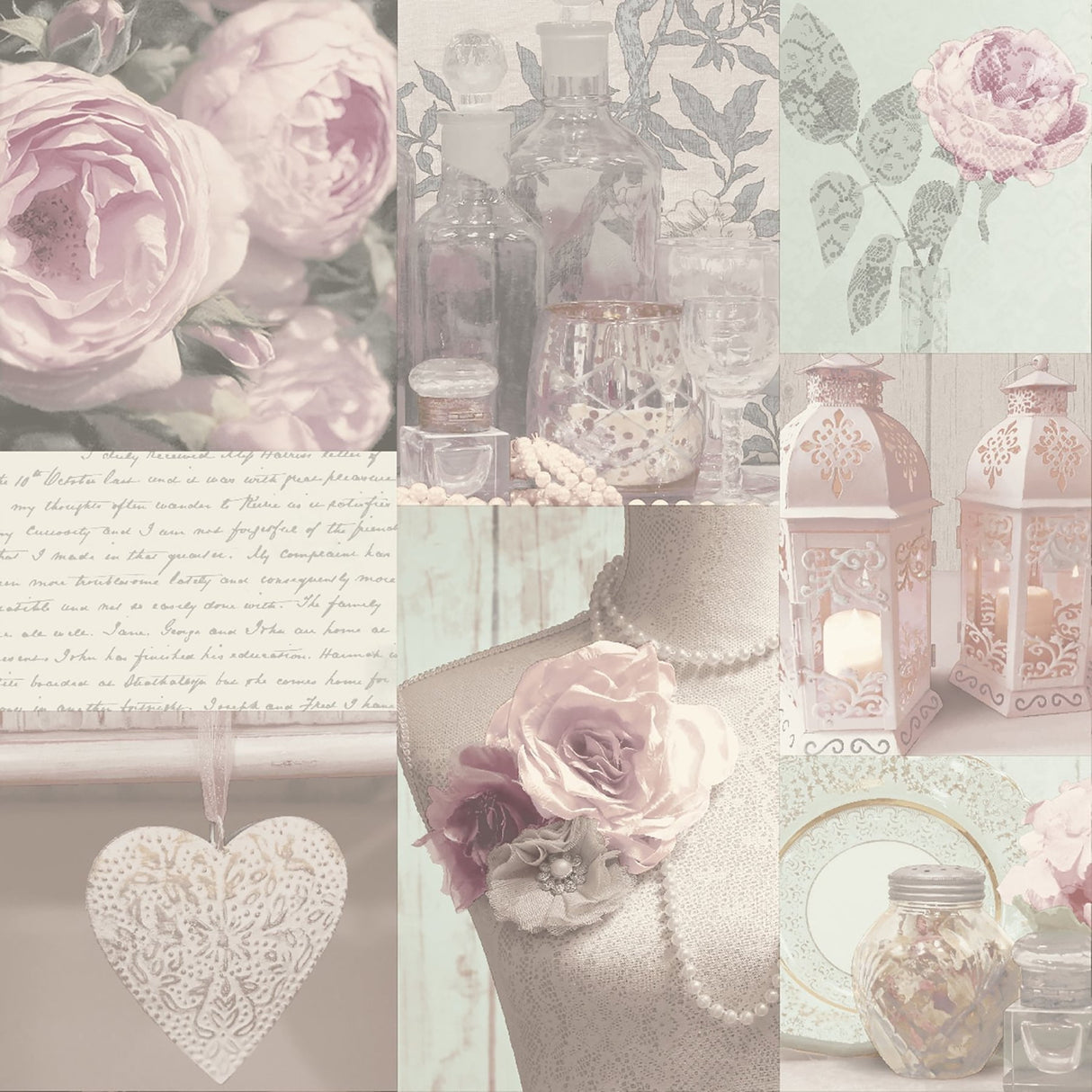 Irene Blush Charlotte College wallpaper by Arthouse – romantic collage of roses, lace, lanterns, and glassware in soft pink tones