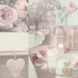 Irene Blush Charlotte College wallpaper by Arthouse – romantic collage of roses, lace, lanterns, and glassware in soft pink tones