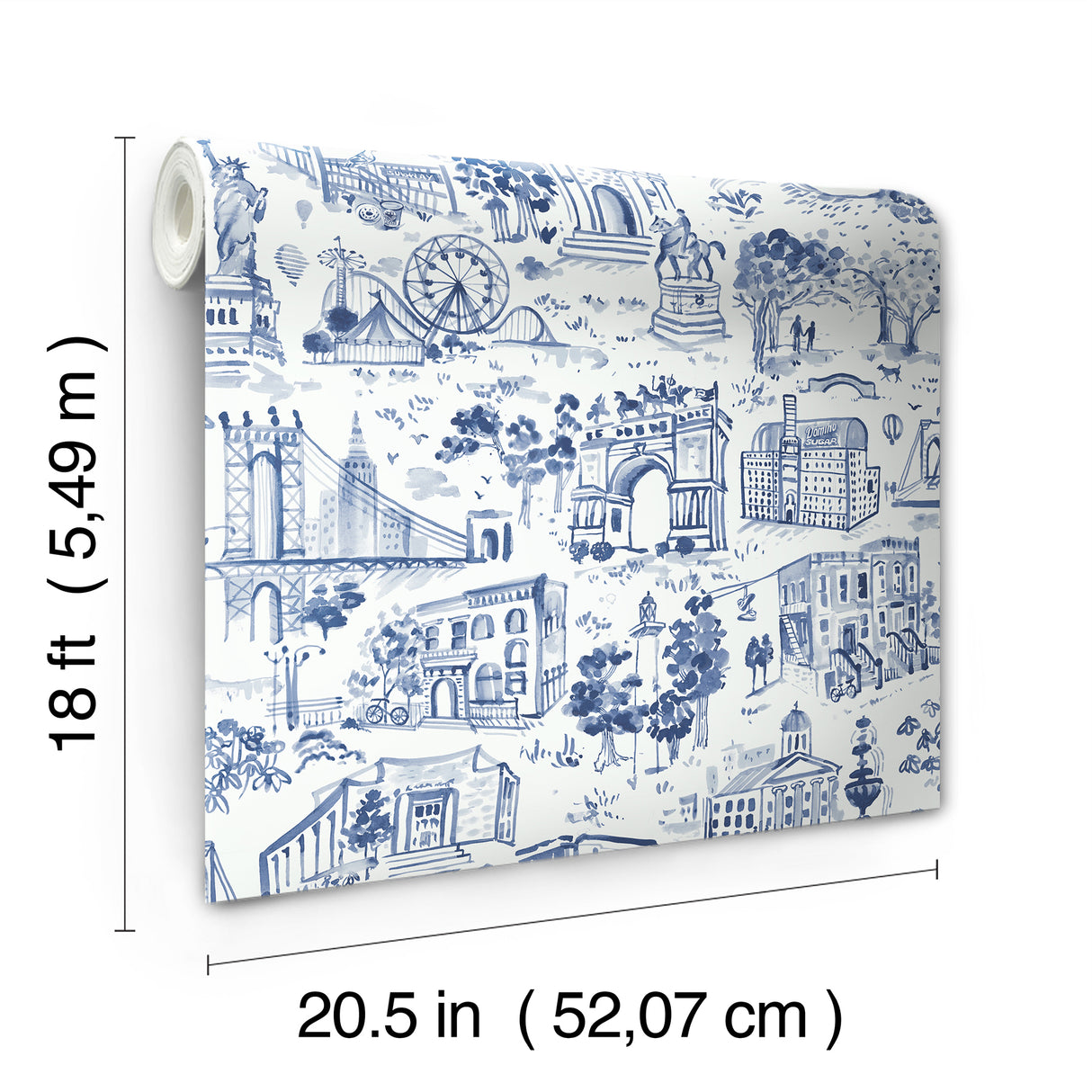 Toile de New York Navy by NuWallpaper x Brownstone Boys Traditional NYC Iconic Landmark Toile Peel and Stick Wallpaper Roll - BBS6544