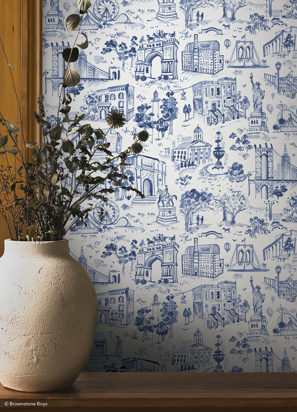 Toile de New York Navy by NuWallpaper x Brownstone Boys Traditional NYC Iconic Landmark Toile Peel and Stick Wallpaper Roll - BBS6544