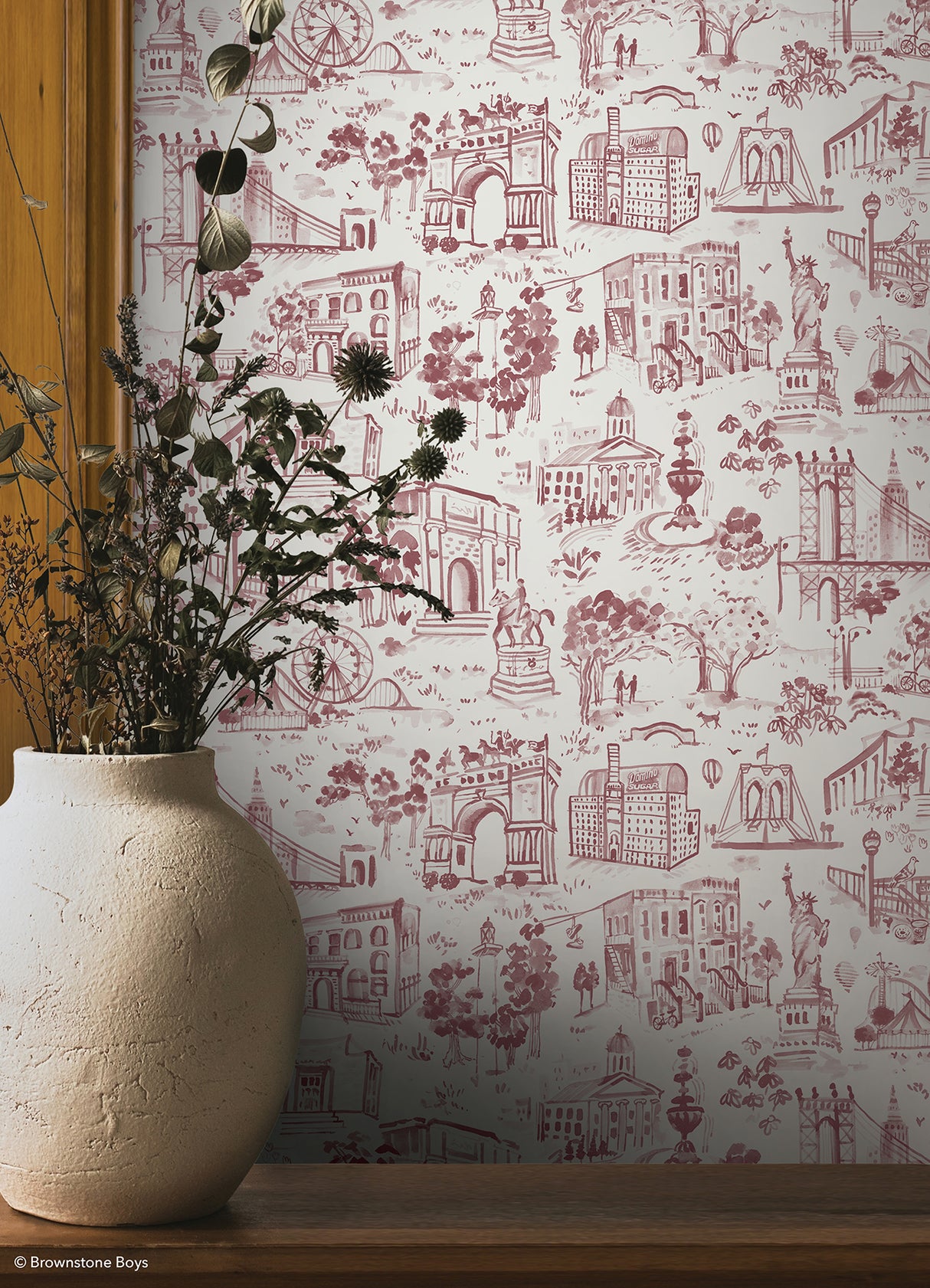 Toile de New York Brick by NuWallpaper x Brownstone Boys Hand-Drawn NYC Landmarks Traditional Toile Peel and Stick Wallpaper Roll - BBS6545