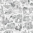 Toile de New York Graphite Peel and Stick Wallpaper by NuWallpaper featuring hand-drawn New York City landmarks including the Statue of Liberty and Brooklyn Bridge - BBS6546