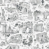 Toile de New York Graphite Peel and Stick Wallpaper by NuWallpaper featuring hand-drawn New York City landmarks including the Statue of Liberty and Brooklyn Bridge - BBS6546