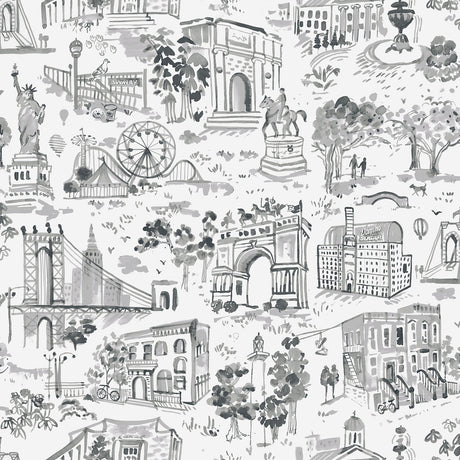 Toile de New York Graphite Peel and Stick Wallpaper by NuWallpaper featuring hand-drawn New York City landmarks including the Statue of Liberty and Brooklyn Bridge - BBS6546