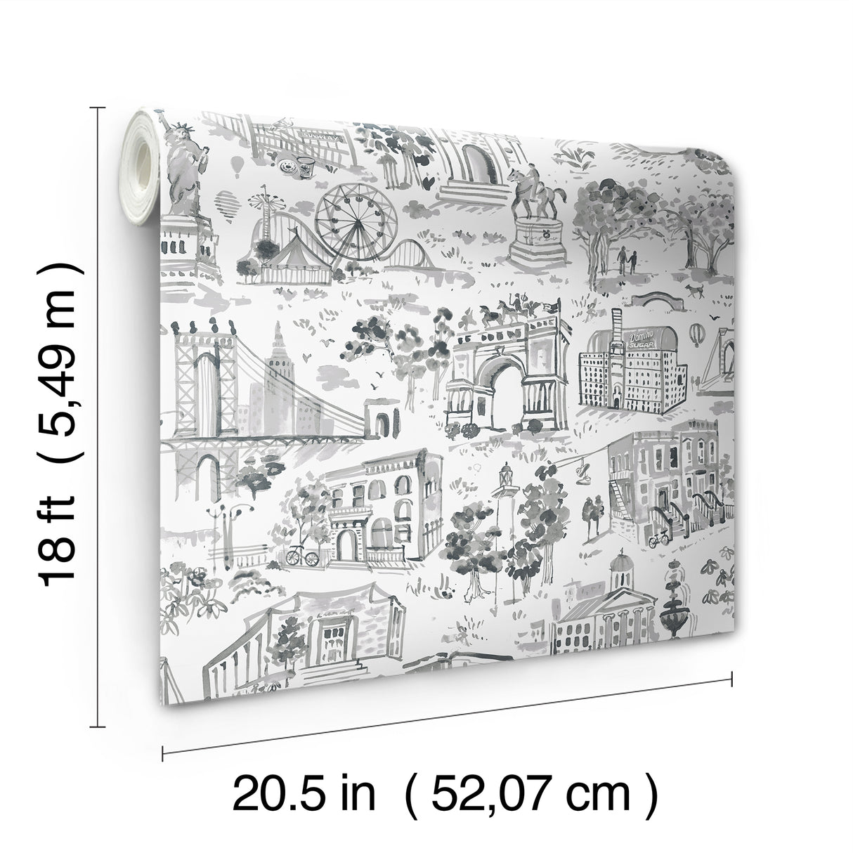 Toile de New York Graphite by NuWallpaper Brownstone Boys Hand-Drawn New York City Landmark Toile Peel and Stick Wallpaper - BBS6546