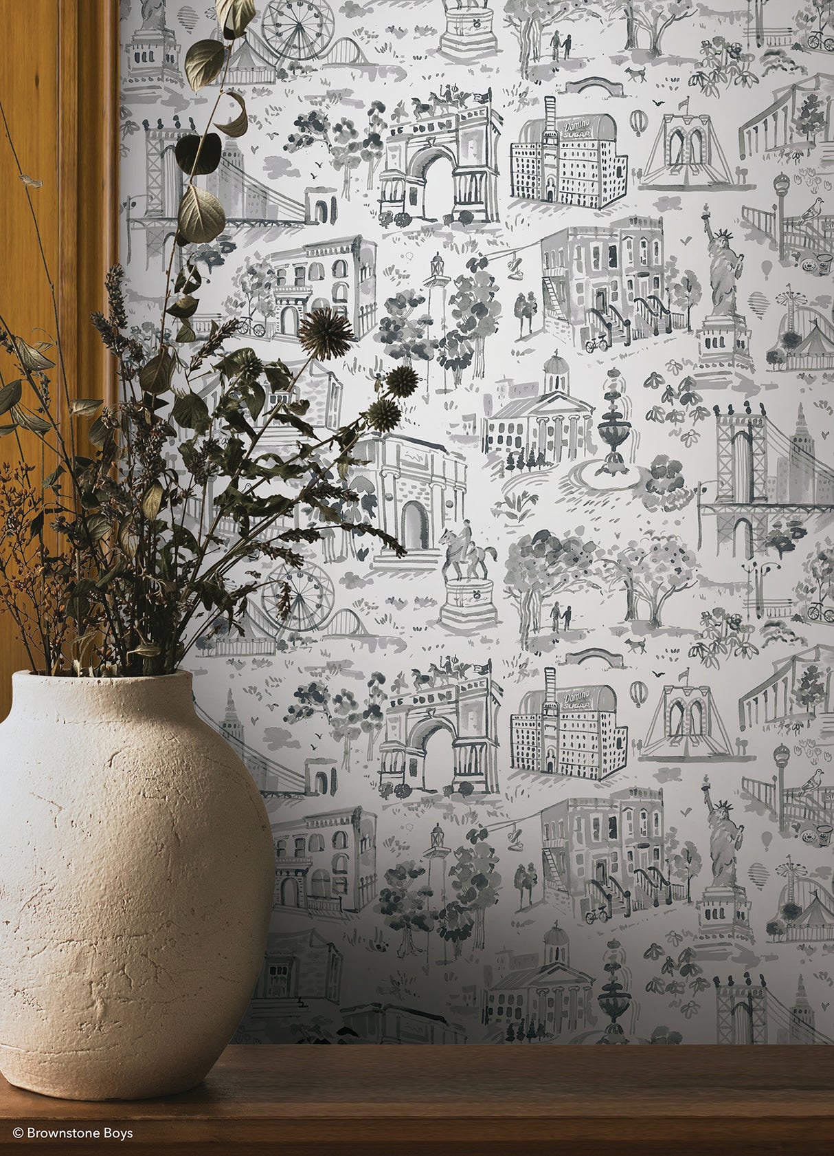 Toile de New York Graphite by NuWallpaper Brownstone Boys Hand-Drawn New York City Landmark Toile Peel and Stick Wallpaper - BBS6546