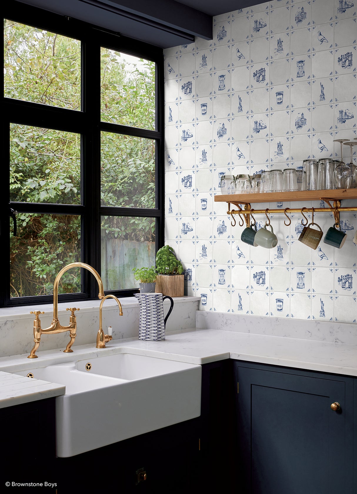 Brooklyn Delft Navy by NuWallpaper x Brownstone Boys Peel and Stick Traditional New York City Delft Tile Pattern Wallpaper - BBS6547