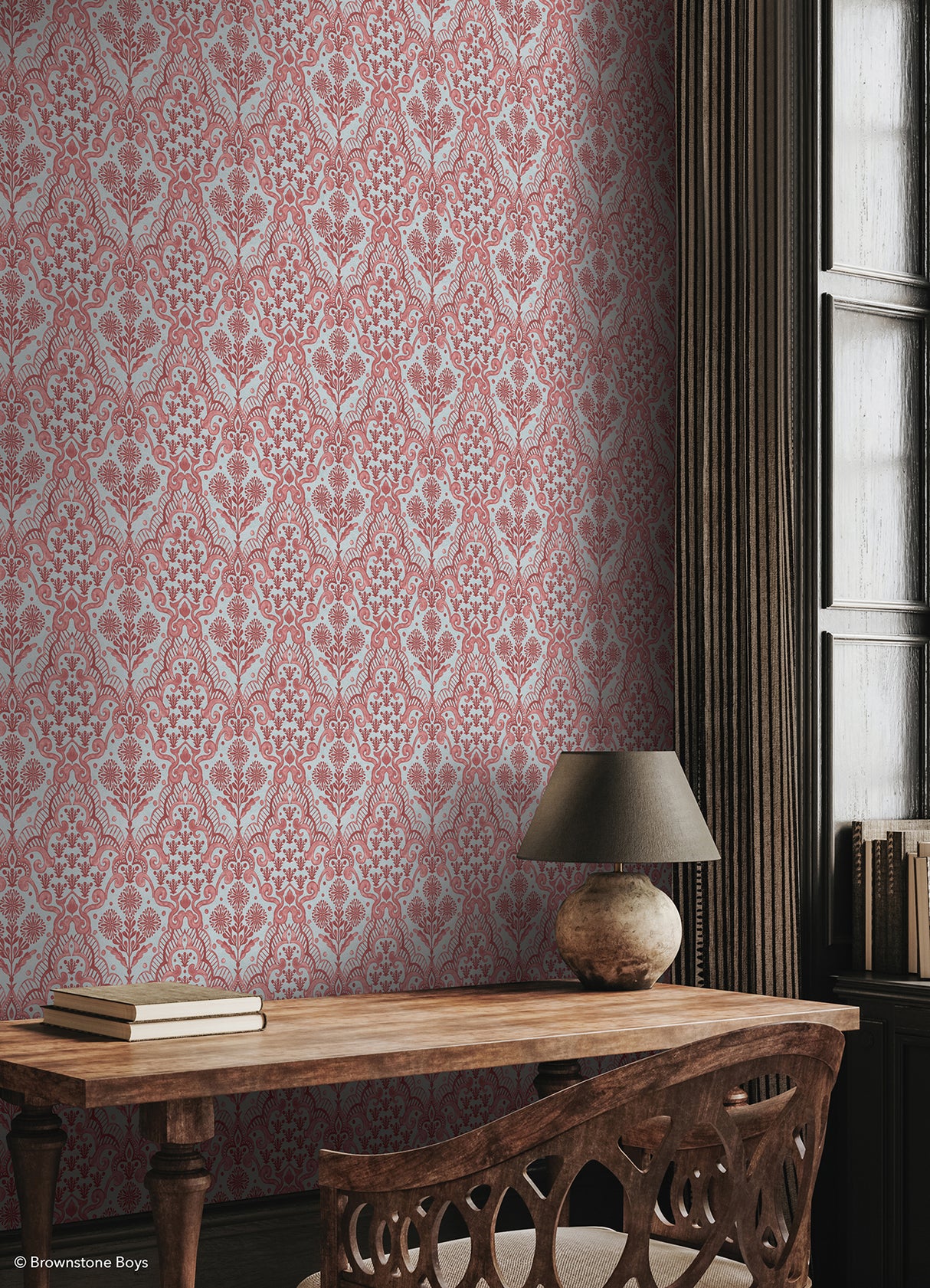 Brownstone Blooms Brick and Sky by NuWallpaper Brownstone Boys Botanical Damask Traditional Peel and Stick Wallpaper - BBS6550
