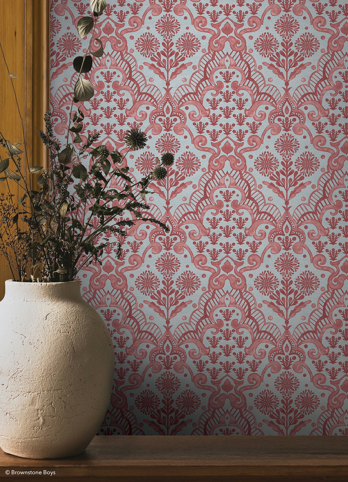 Brownstone Blooms Brick and Sky by NuWallpaper Brownstone Boys Botanical Damask Traditional Peel and Stick Wallpaper - BBS6550