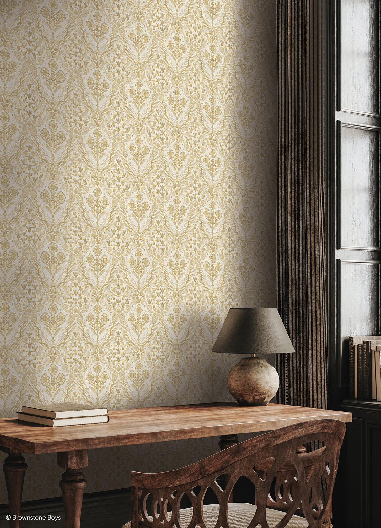 Brownstone Blooms Ochre by NuWallpaper Peel and Stick Damask Botanical Wallpaper, Brownstone Boys Collection, 20.5-in x 18-ft Roll - BBS6551